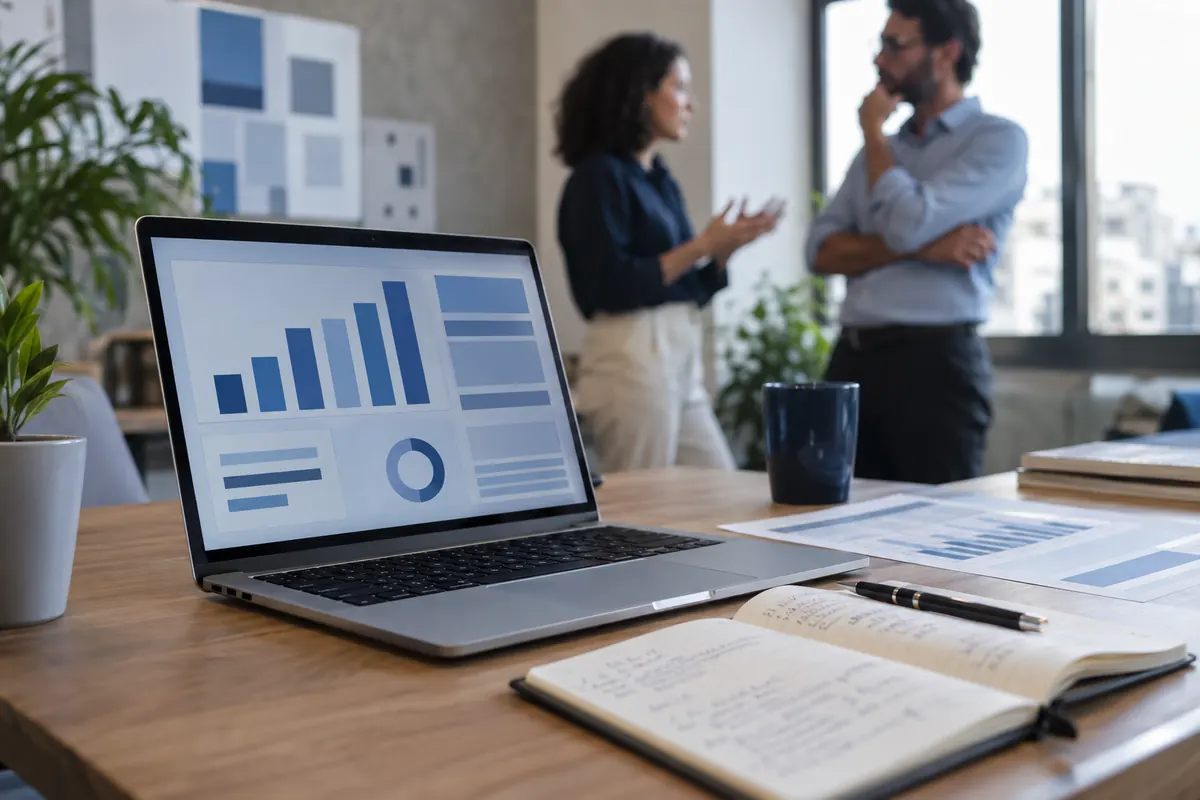 Mesa de trabalho com agenda, planilha impressa e notebook durante a revisão de propostas