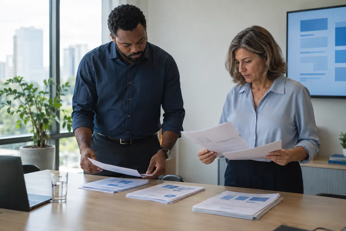 Duas pessoas separando propostas impressas em grupos sobre a mesa de reunião