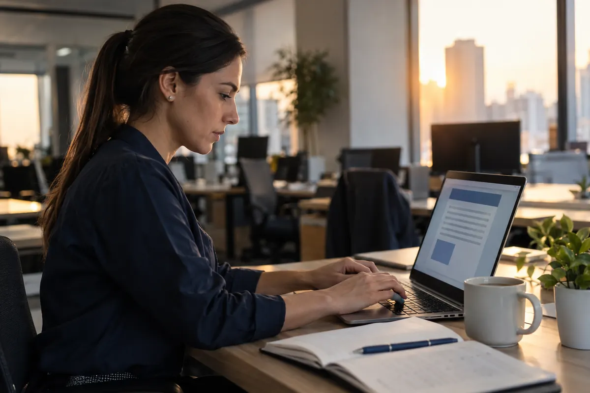 Profissional escrevendo um e-mail de retomada no notebook ao fim do expediente