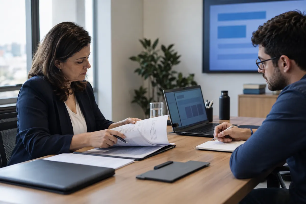 Duas pessoas revisando ponto a ponto o escopo de uma proposta sobre a mesa