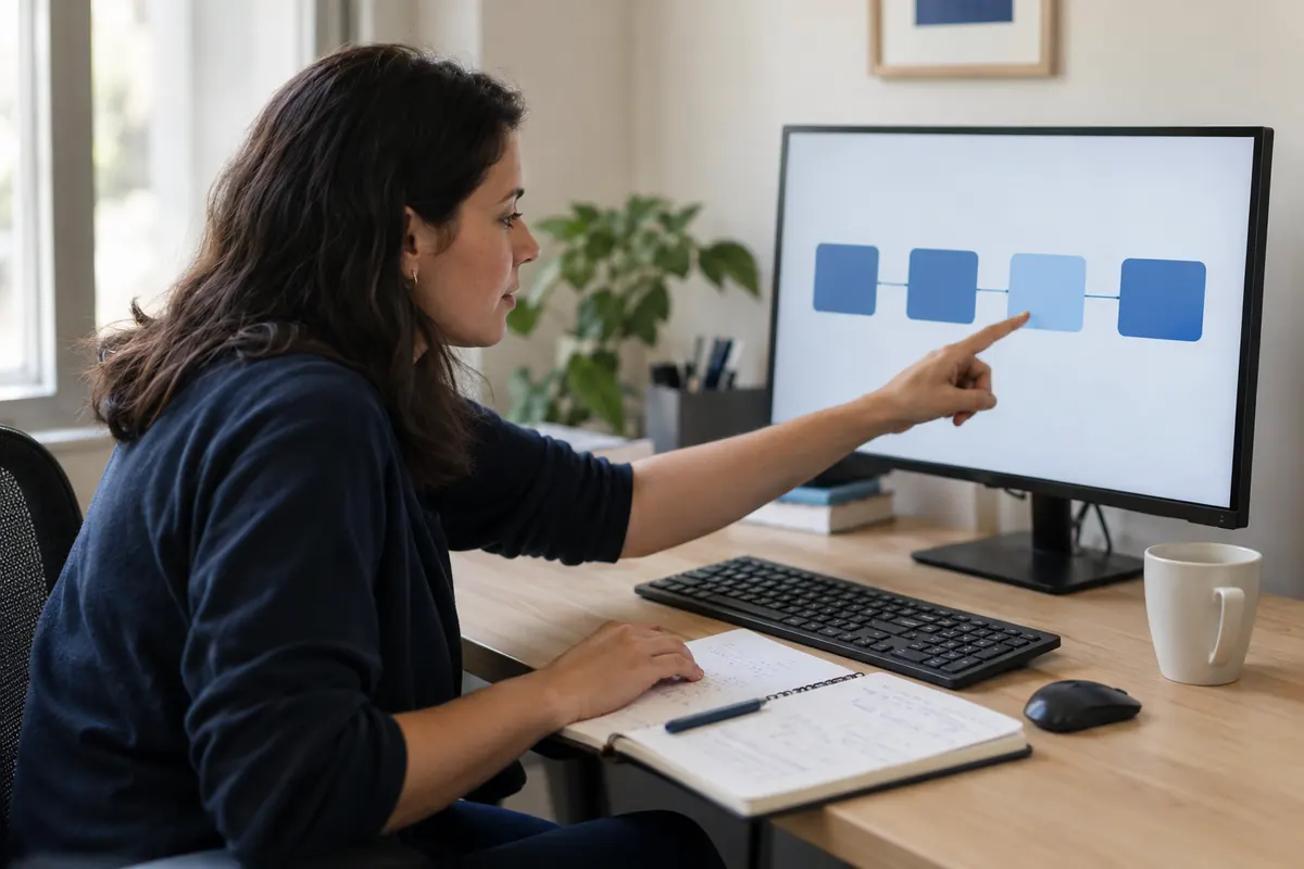 Gestora apontando no monitor a etapa em que os contatos das campanhas se perdem