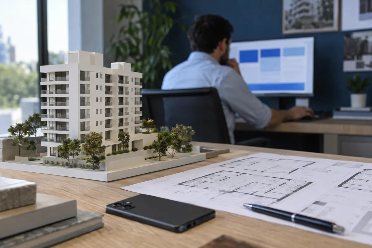 Maquete de empreendimento e planta baixa sobre a mesa de um estande de vendas