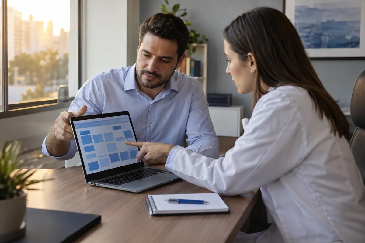 Médica e responsável pelo marketing revisando juntos, na tela, as peças antes de publicar