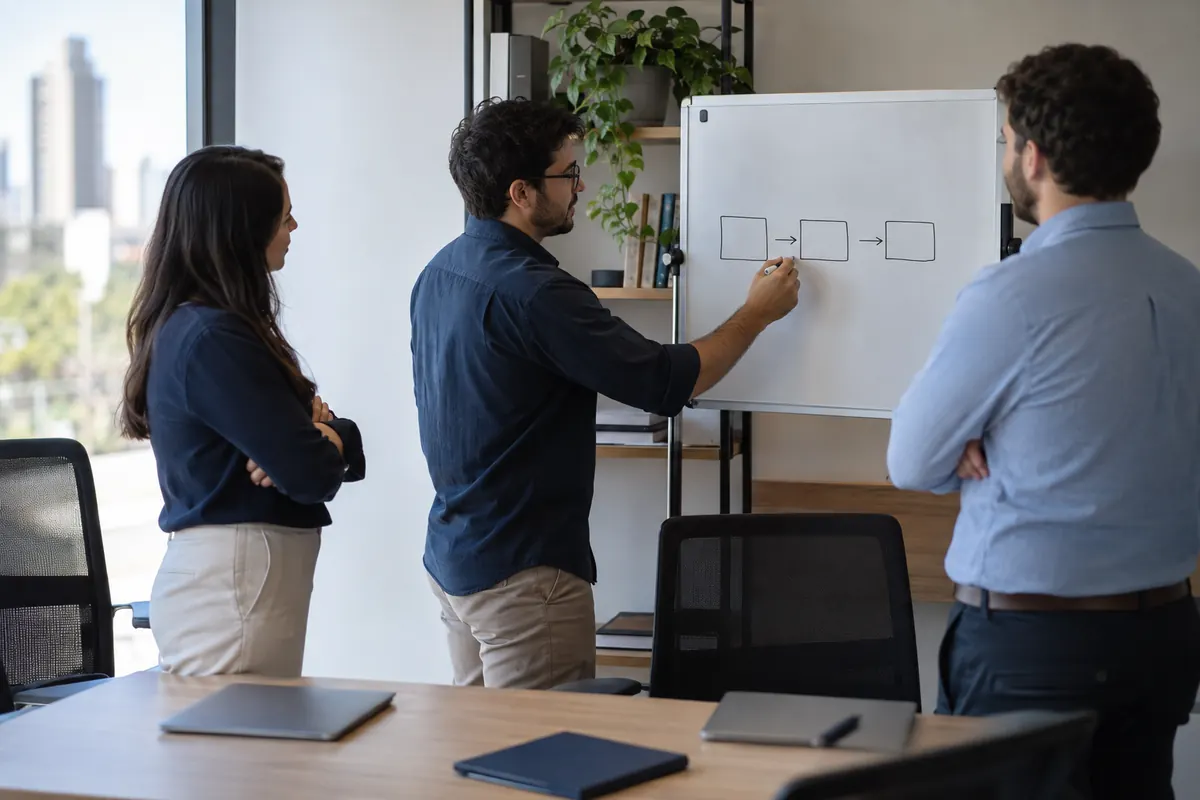 Equipe redesenhando no quadro as etapas do atendimento de um contato