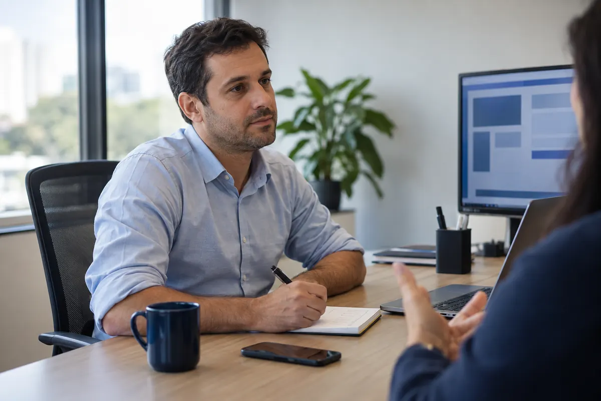 Consultor ouvindo o cliente e anotando as objeções levantadas na conversa