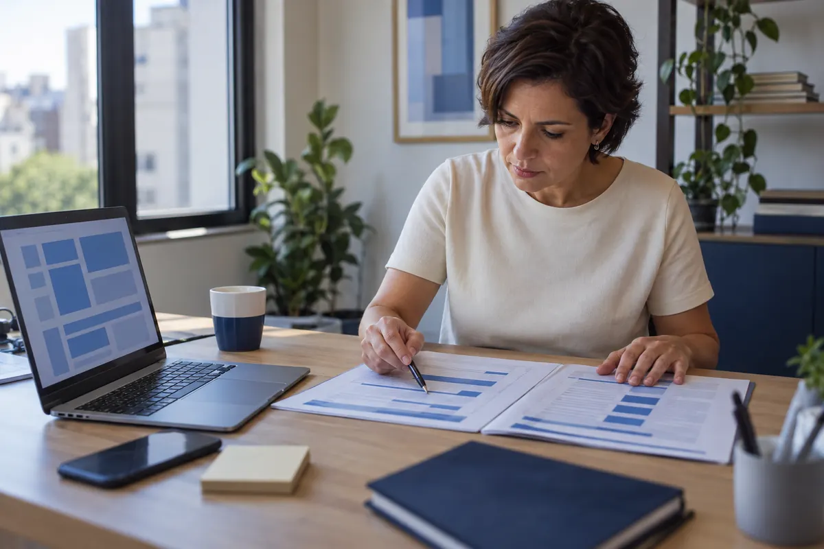 Gestora comparando no notebook o escopo de dois orçamentos impressos