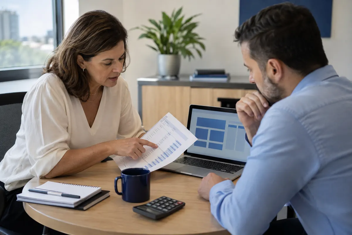 Sócia e gestor conferindo juntos a conta do primeiro mês de teste dos anúncios