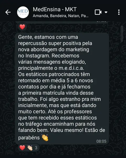 Print de conversa no WhatsApp em que o cliente conta que a nova abordagem no Instagram está dando certo.