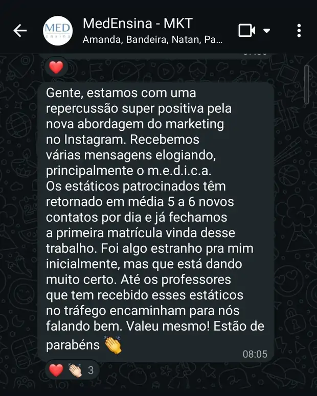 Print de mensagem no WhatsApp do grupo de marketing de um pré-vestibular de Medicina
