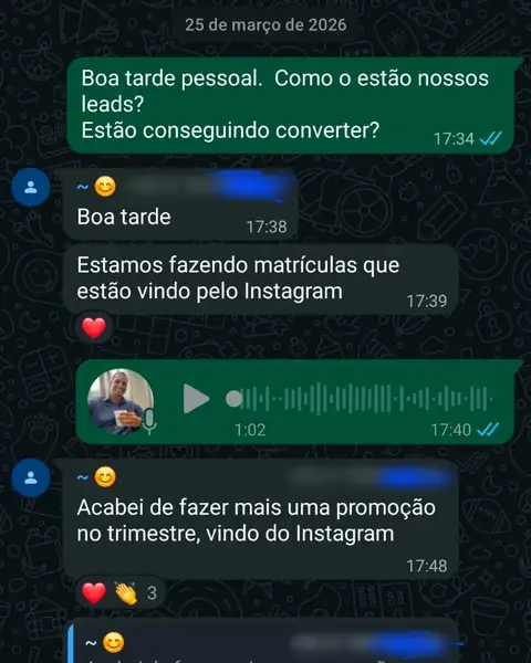 Print do relato: Matrículas e venda trimestral via Instagram