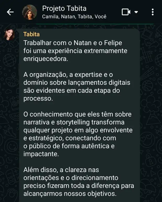 Print de mensagem no WhatsApp sobre um projeto de lançamento digital