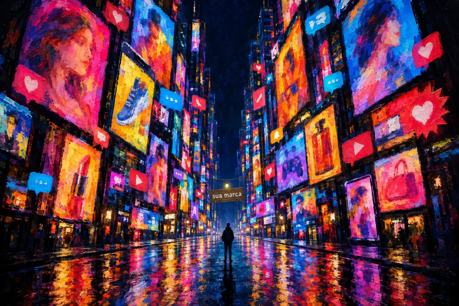 Pintura de uma rua à noite tomada por telões de anúncio, com uma plaquinha de madeira escrita sua marca perdida no fundo e uma pessoa sozinha no meio da rua.