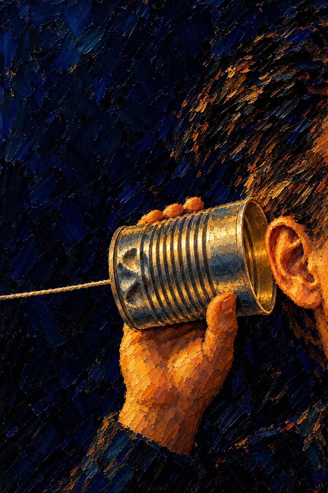 Pintura de uma mão segurando um telefone de lata junto à orelha, com o barbante esticado para fora do quadro.